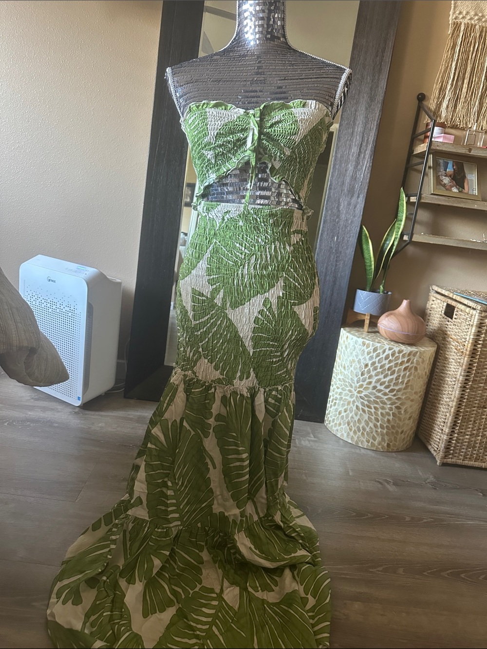 Green Leaf-Print Strapless Maxi Dress